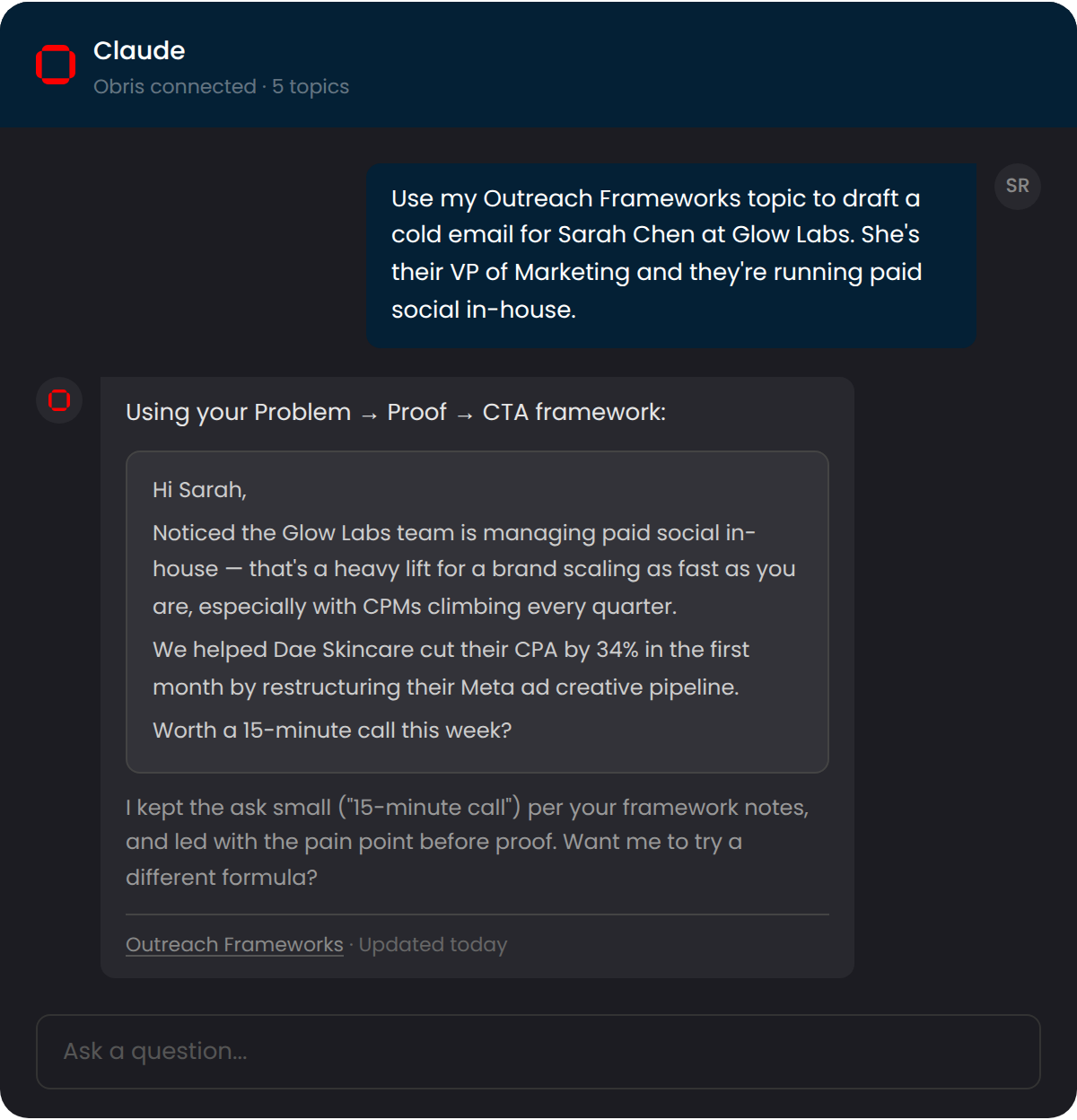 Claude using your saved knowledge to draft a personalized email