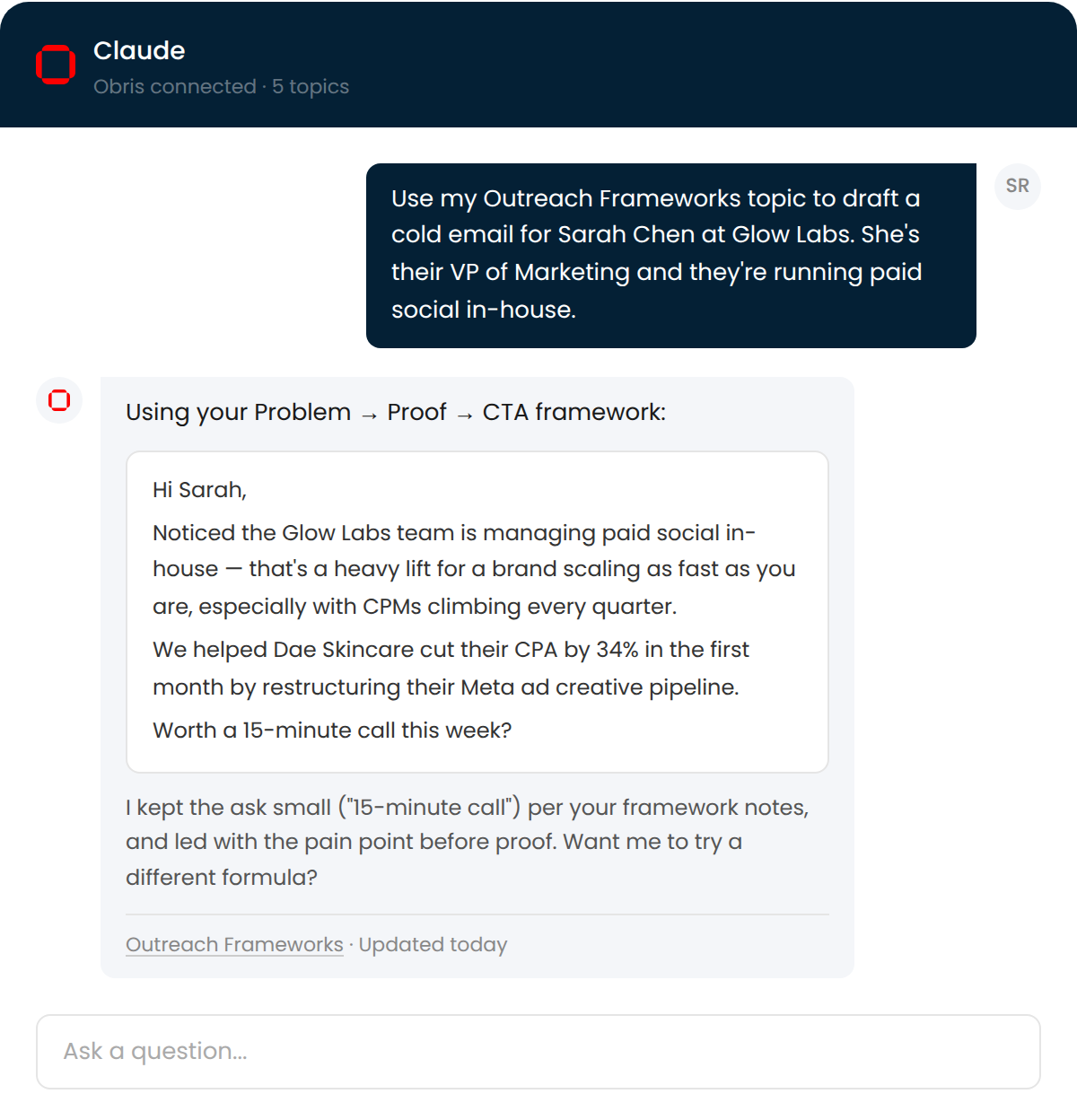 Claude using your saved knowledge to draft a personalized email